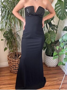 Strapless Black Sequin Bust Evening Dress